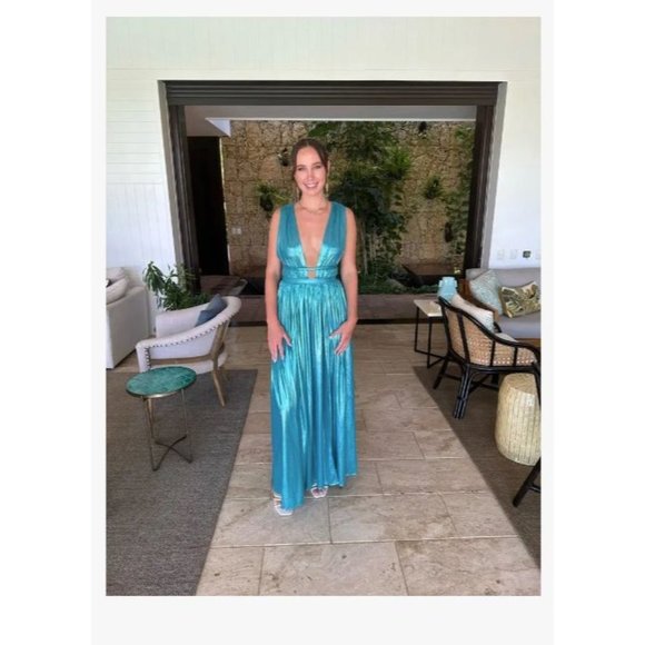 Bronx and Banco Romi Metallic Goddess Gown in Teal Womens Long Dress - Picture 12 of 17